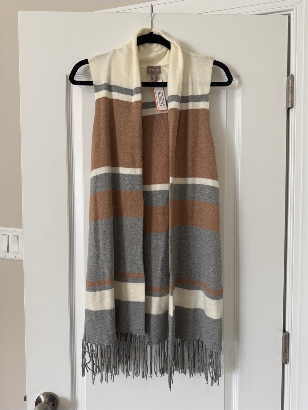 Chico's Striped Fringe Poncho in Ivory, Brown & Gray